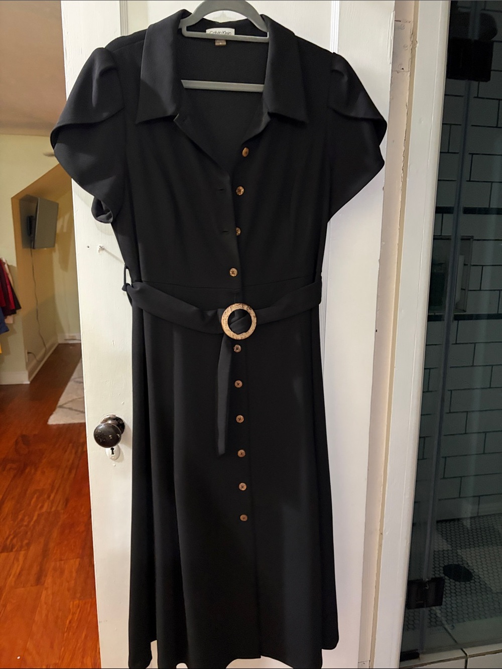 Calvin Klein Black Midi Shirt Dress with Round Buckle Belt